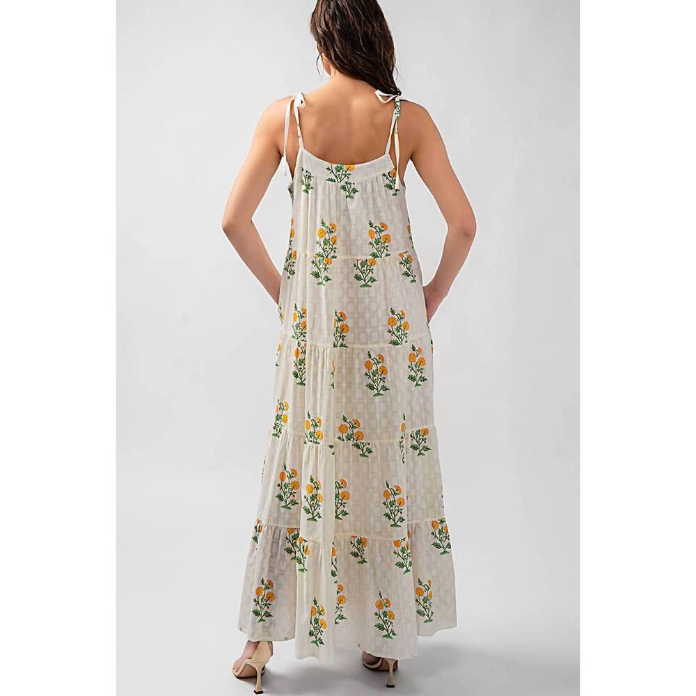 NEW URBAN DAIZY tiered floral cotton maxi dress in white green yellow - Picture 5 of 10
